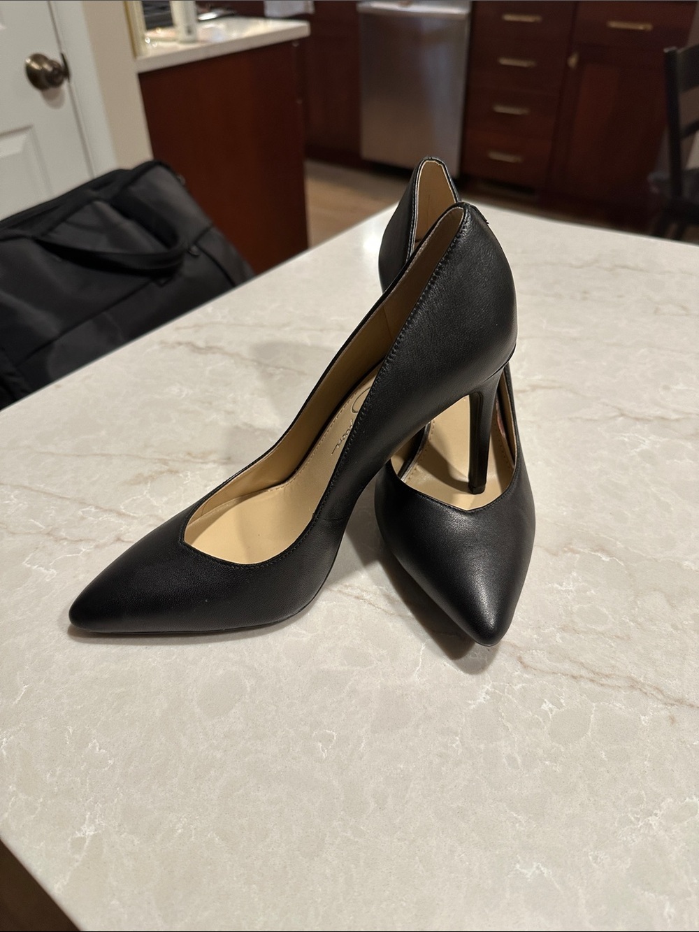 Jessica Simpson Black Leather Pointed-Toe Stilettos